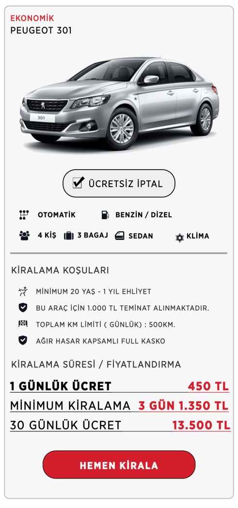 Peugeot 301 ucuz fiyatlı araç kiralama