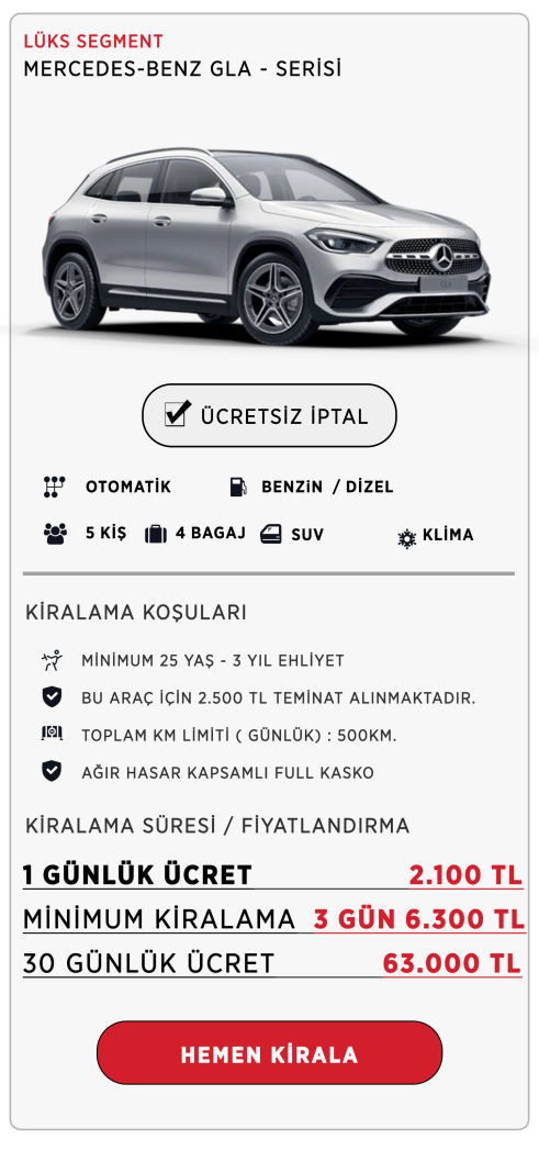 Kiralık Mercedes GLA Serisi - Kiralık Araç - Kiralık Araba - Günlük Kiralık Araç - Aylık Kiralık Araç